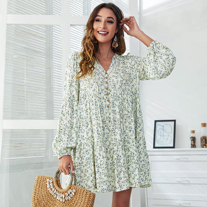 Long Sleeve Floral Print V Neck Wholesale Swing Dresses For Women Summer