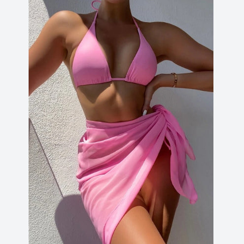 Sexy Bikini Triangle & Beach Skirt Cover Up 3pcs Sets Solid Color Womens Swimwear Wholesale