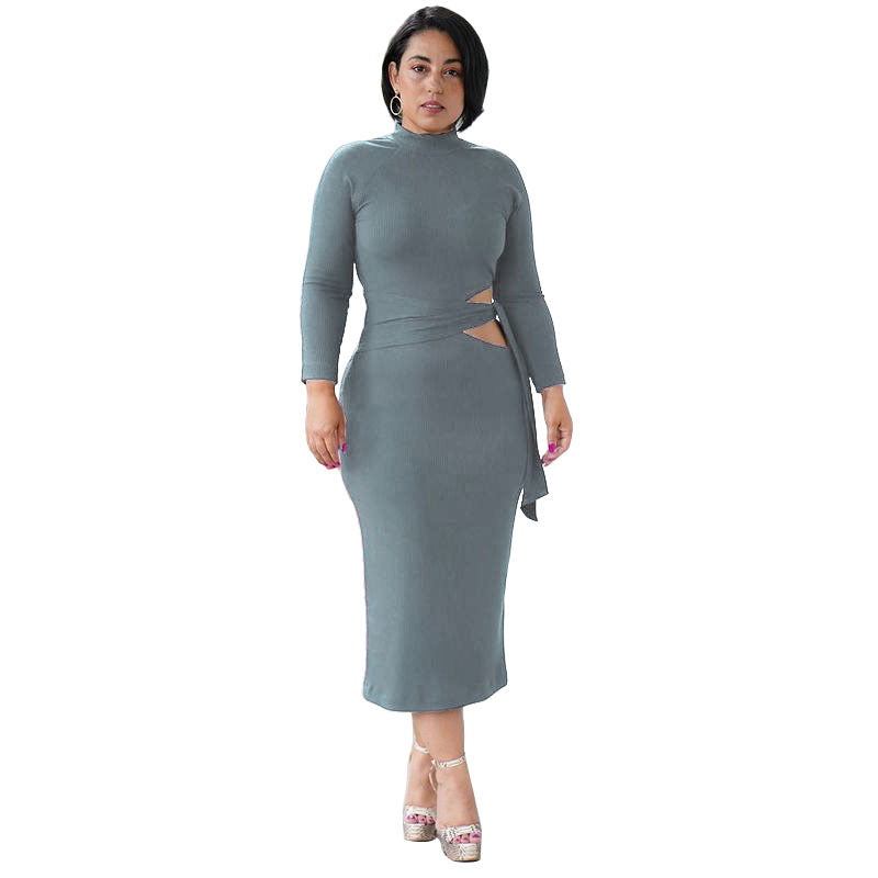 Solid Color Long Sleeve High Waist Hollow Tight-Fitting Mid-Length Dress