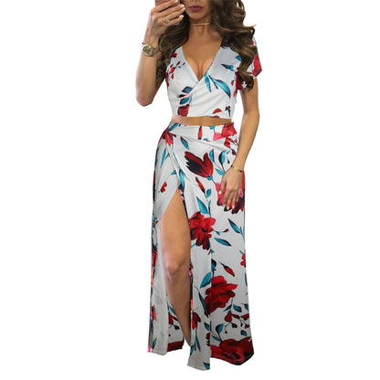 Floral Printed Short Sleeve Lace Up Crop Tops & Slit Maxi Skirt Vacation Clothing Wholesale Womens 2 Piece Sets