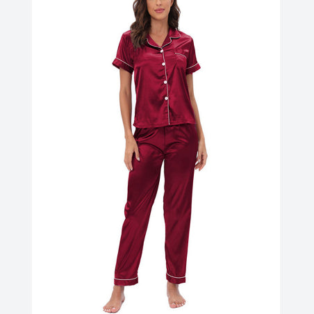 Plain Homewear Short Sleeve Lapel Shirts & Pants Satin Pajamas Womens 2 Piece Set Wholesale Loungewear