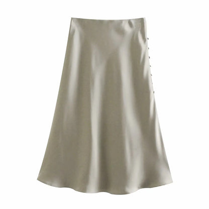 Solid Color High Waist Single Breasted Slit Slim Business Casual Women A-Line Satin Skirts Wholesale