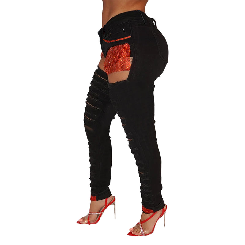 Sequin Pocket Ripped Jeans Pant Wholesale Market