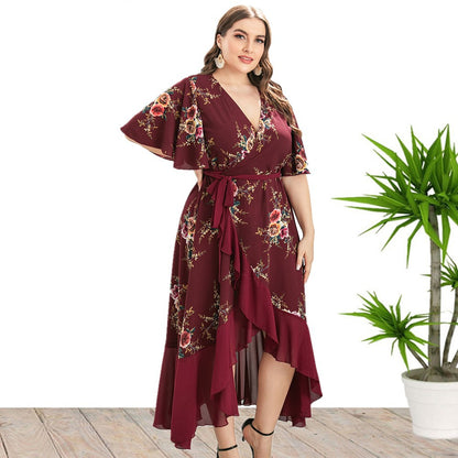 Flare Sleeve V-Neck Ruffles Irregular Hem Printed Elegant Maxi Curve Dresses Wholesale Plus Size Clothing