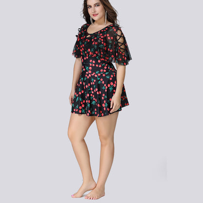 Crossover Translucent Sleeve Cherry Print Curve Swimsuits Fashion Plus Size Swimwear Wholesale Vendors