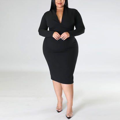 Sexy V-Neck Midi Dress Solid Color Long Sleeve Pleated Wholesale Plus Size Clothing