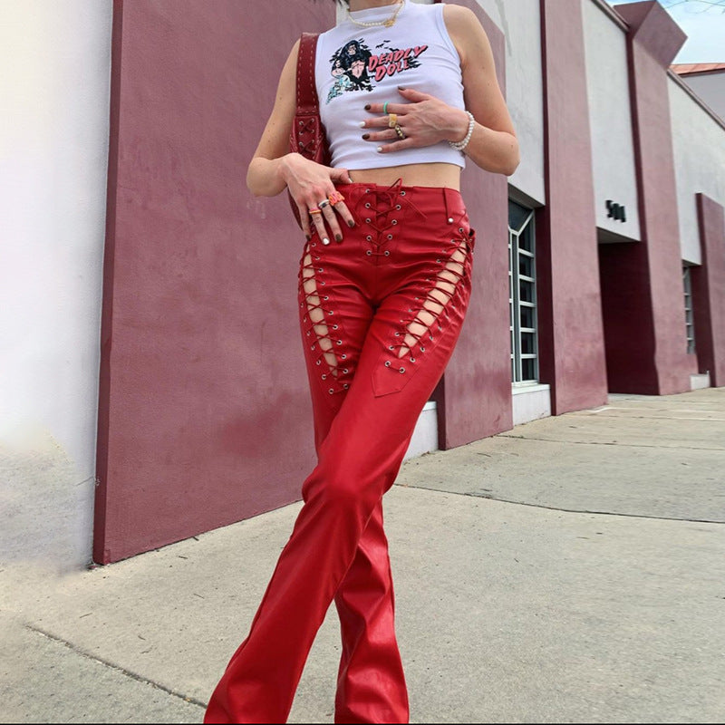 High Waist Hollow Straped Pu Women Trousers