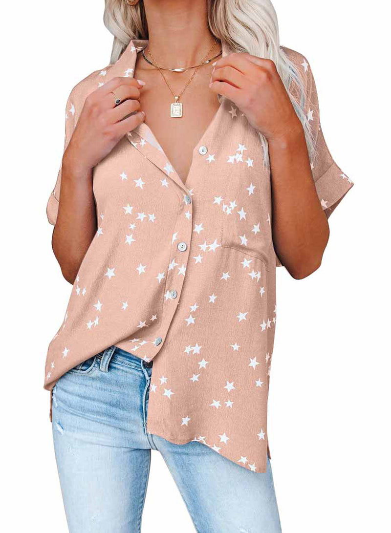 Star Print Bat Sleeve Lapel Collar V Neck Button Down Wholesale Shirts Blouses For Women Summer