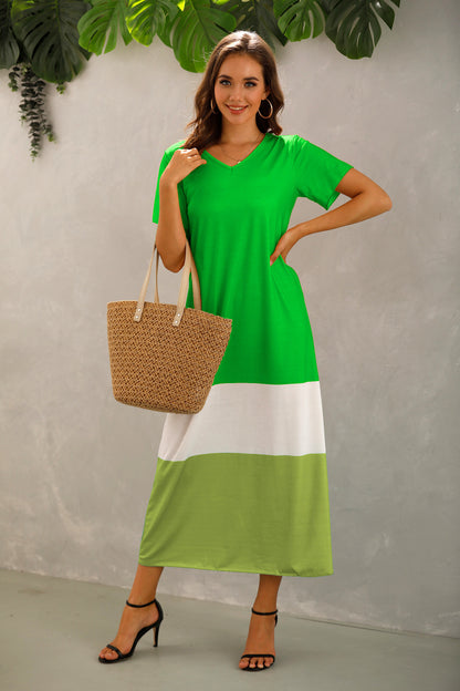 Trendy Colorblock Print Short Sleeve V Neck Midi A-Line Dresses Casual T Shirt Dress Wholesale