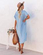 Solid Color Summer Denim Short Sleeve Slit Mid-Length Dresses Casual Wholesale Shirtdress