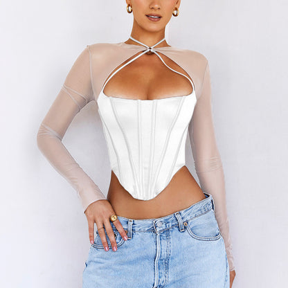 Sexy Fishbone Hollow Perspective Mesh Satin Mosaic Cropped Top Wholesale Women Top