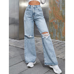 Fashion High Waist Ripped Denim Pants Solid Color Casual Wide Leg Wholesale Clothing For Women