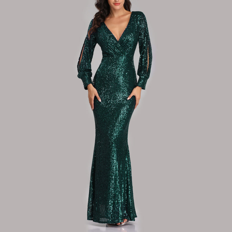 V-Neck Hollow Long Sleeve Sequin Prom Evening Dress Wholesale Maxi Dresses