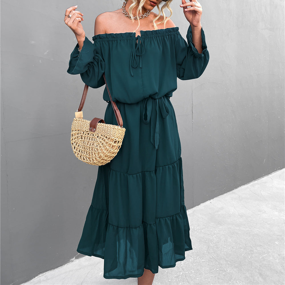 One-Shoulder Lace-Up Ruffless Wide Swing Lantern Sleeve Midi Dress Casual Wholesale Dresses