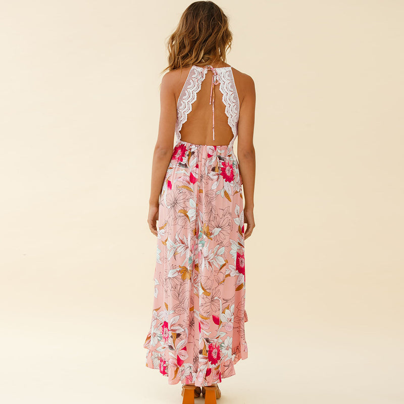 Floral Print Lace Spaghetti Strap V Neck Irregular Wholesale Flowy Dresses Summer