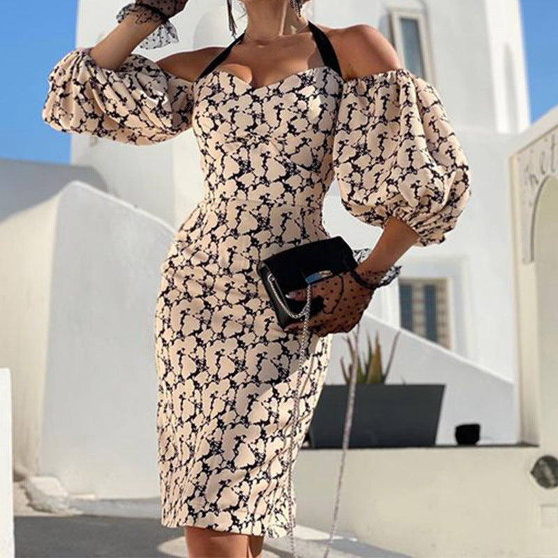Fashion Printed Halterneck Sexy Puff Sleeve Tube Top Dress Wholesale Dresses