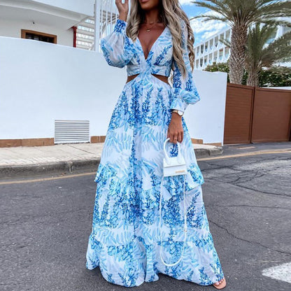 V-Neck Printed Lantern Sleeve Cutout Sexy Vacation Ruffled Dress Beach Wholesale Maxi Dresses SD531091