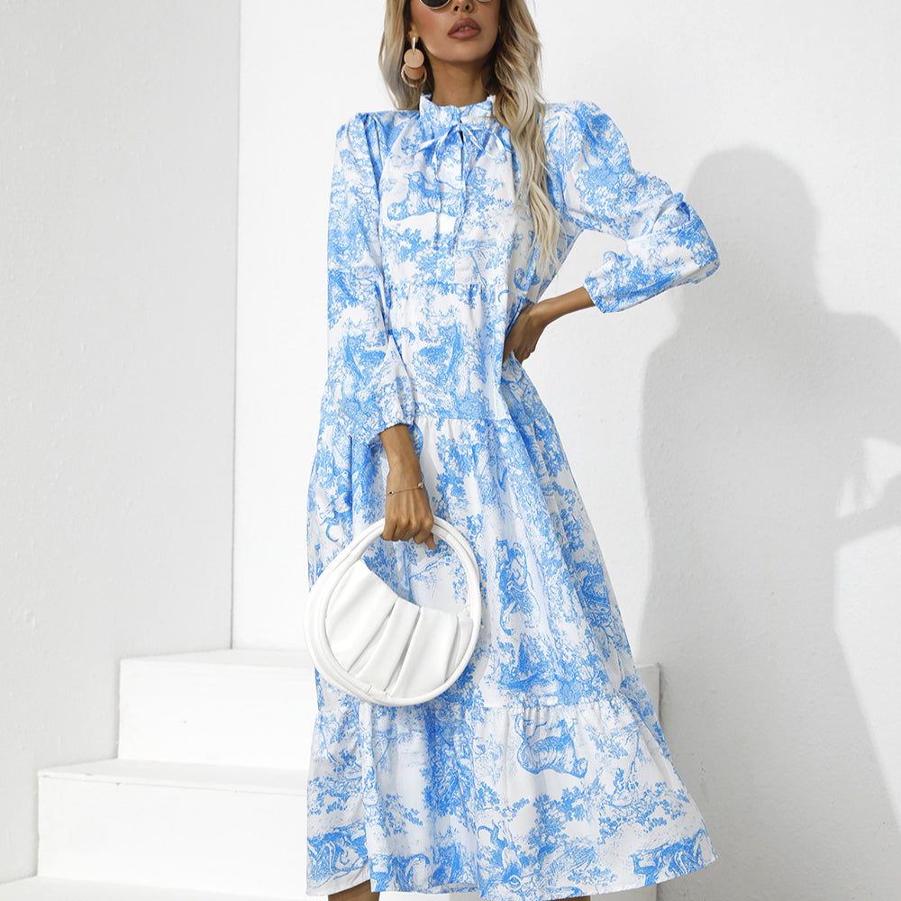 Printed Lantern Sleeve Half Collar Bowknot Loose Ruffled Midi Dress Casual Wholesale Dresses