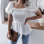 Solid Color Casual Lantern Sleeve Ruffled Elasticity Design Blouse Wholesale T Shirts Womens Tops