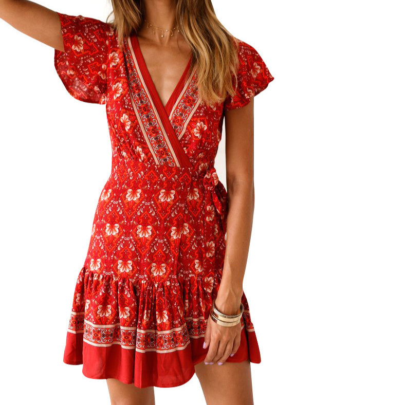 V Neck Lace Up Boho Print Ruffles Dress Short Vacation Dress Casual Wholesale Bohemian Dress For Women