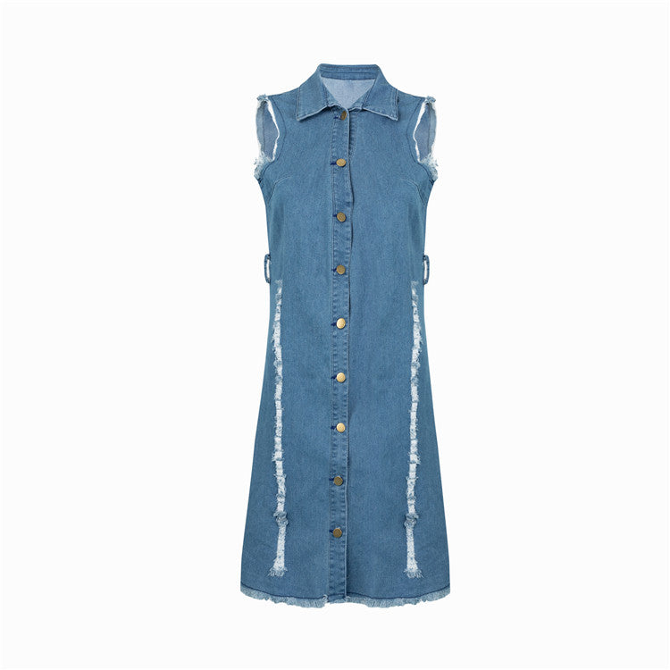 Turn Down Collar Sleeveless Ripped Denim Dress With Belted