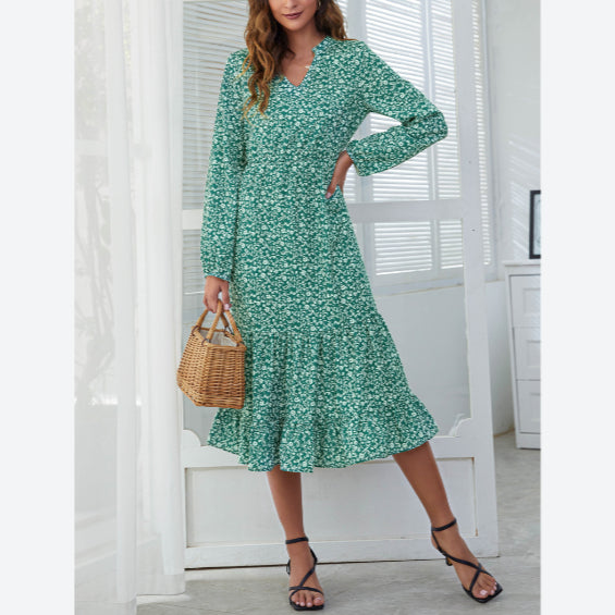 V-Neck Floral Printed Long Sleeve High Waist Flowy Ruffled Dress Casual Wholesale Dresses
