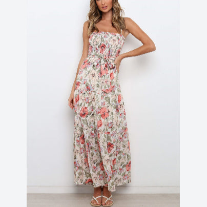 Floral Print Lace-Up Vacation Beach Sling Maxi Dresses Wholesale Bohemian Dress For Women