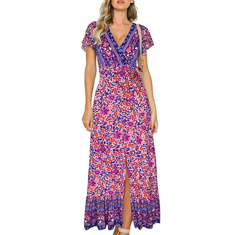 V Neck Short Sleeve Ethnic Style PrintVacation Slit Maxi Dresses Wholesale Bohemian Dress For Women
