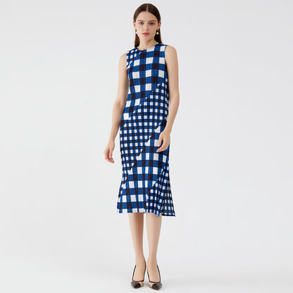 Sleeveless Gingham Patchwork O-Neck Slim Slit Midi Dress