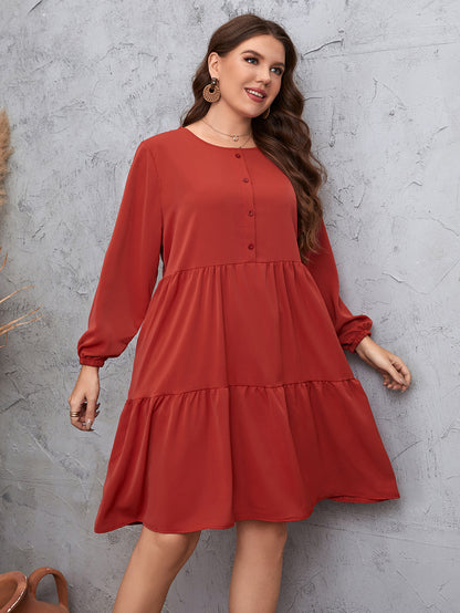 Wholesale Plus Size Women Clothing Loose Long Sleeve Ruffle Casual Midi Dress