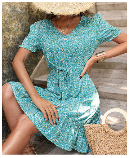 Floral Print V Neck Puff Sleeve Knotted Wholesale Swing Dresses Summer