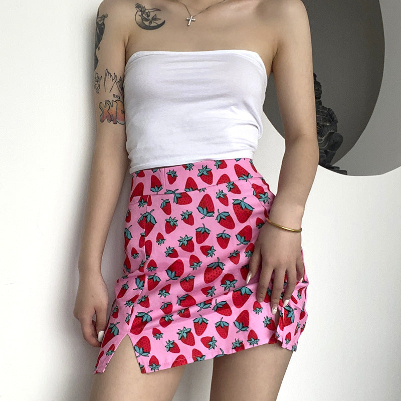 Strawberry Printing High Waist Slit Slim Skirt