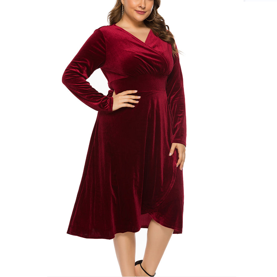 V-Neck Velvet Women Curvy Dresses Wholesale Plus Size Clothing