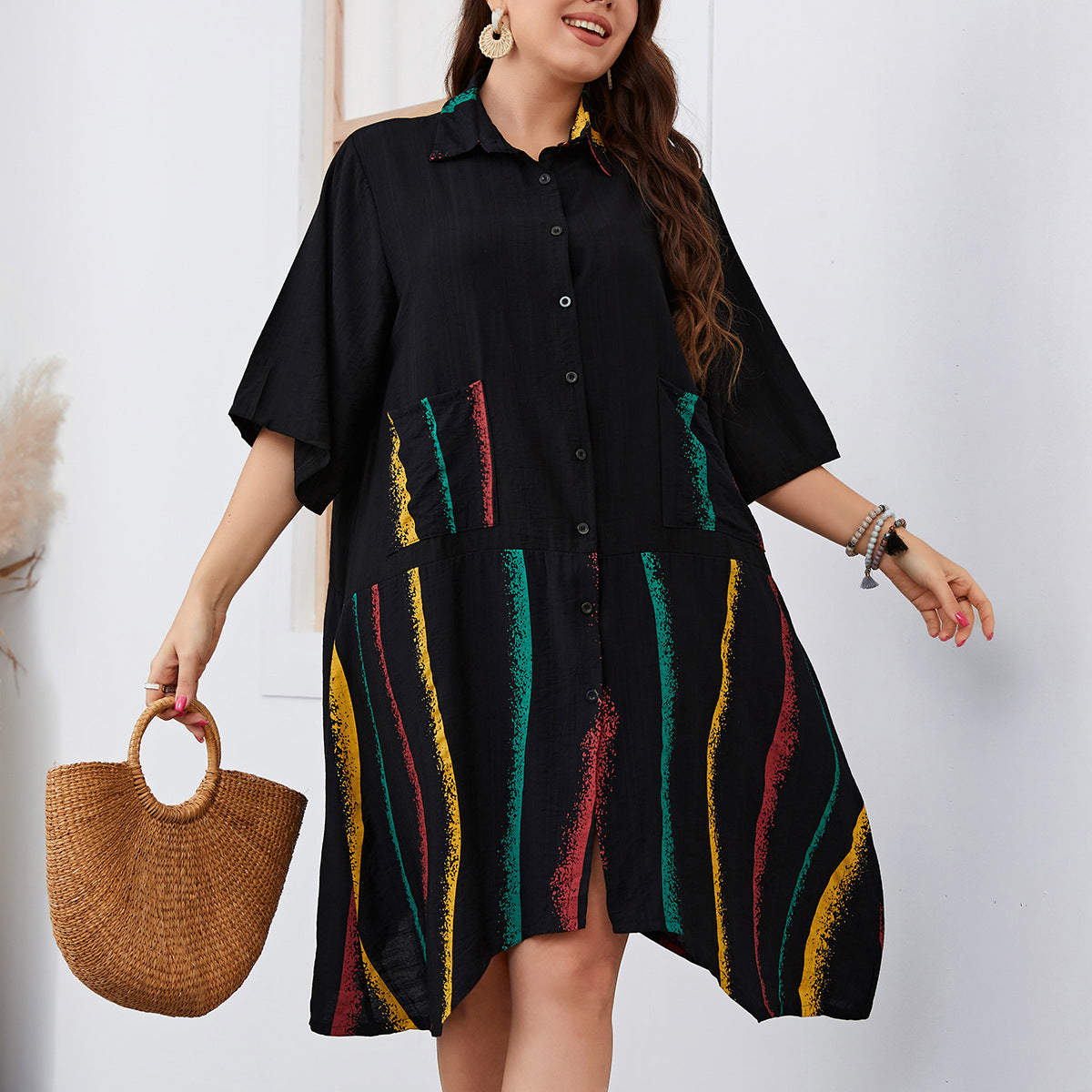 Fashion Irregular Lapel Half Sleeve Shirt Dress Solid Color Single-Breasted Dresses Loose Wholesale Plus Size Clothing