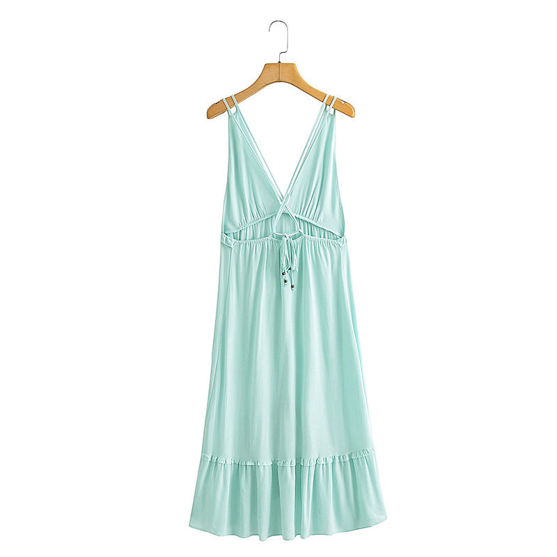 Deep V-Neck Solid Color Backless Sling Irregular Hem Ruffled Dress Vacation Wholesale Dresses