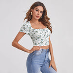 Navel Floral Drawstring Square Neck Tight-Fitting T-Shirt Crop Tops Wholesale Womens Tops