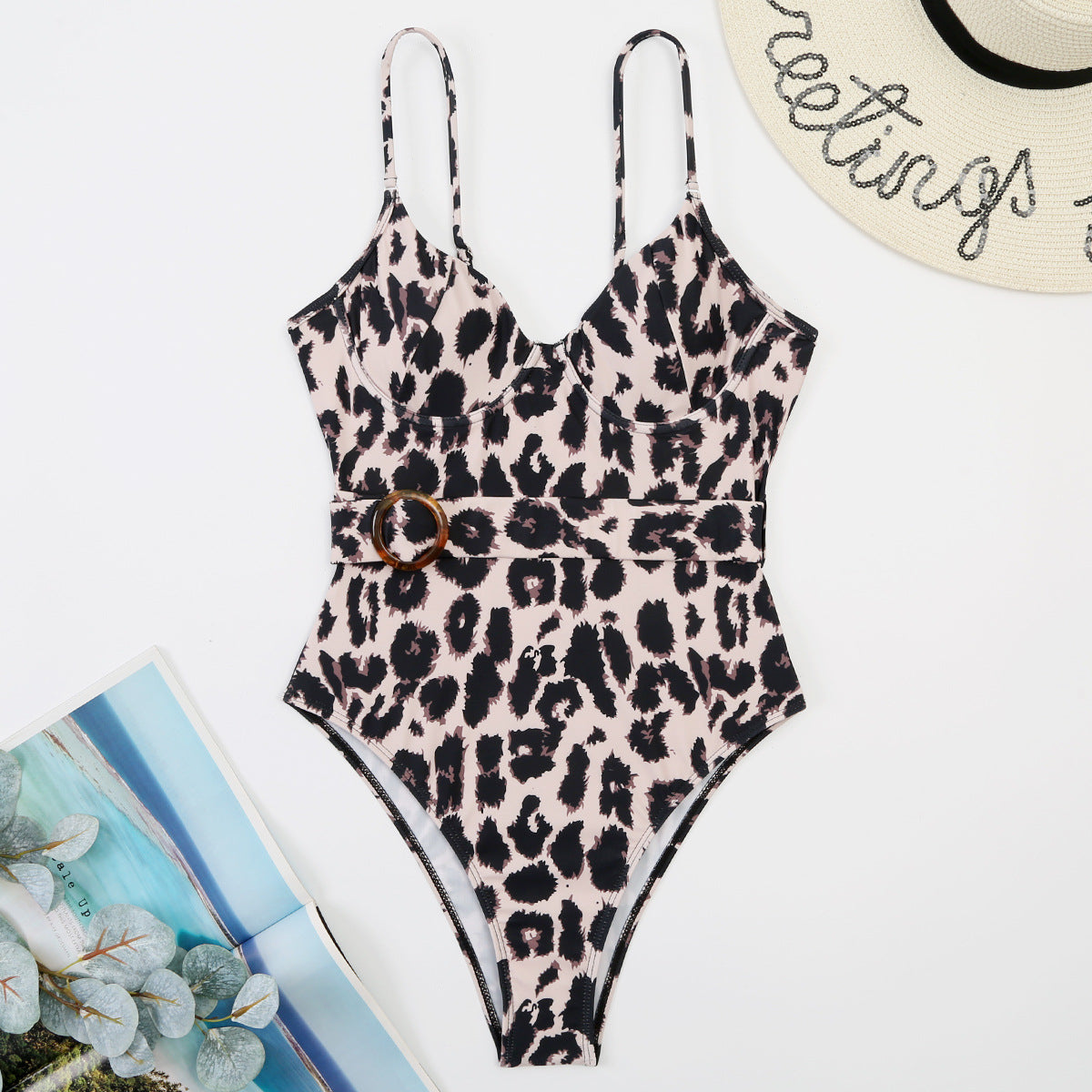 Sleeveless Spaghetti Strap Leopard Print Belted Wholesale One Piece Sets