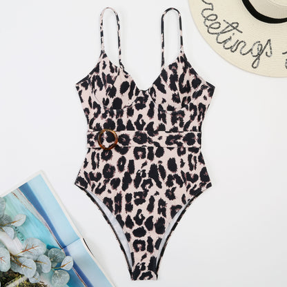 Sleeveless Spaghetti Strap Leopard Print Belted Wholesale One Piece Sets