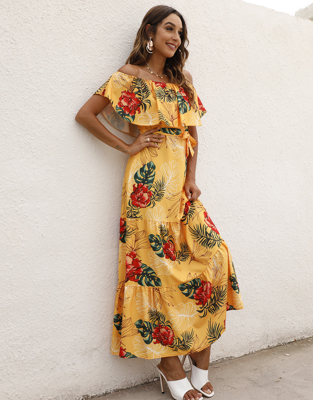 Leopard & Floral Printed Ruffled Off Shoulder Wide Lapel Resort Dress Wholesale Maxi Dresses