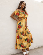Leopard & Floral Printed Ruffled Off Shoulder Wide Lapel Resort Dress Wholesale Maxi Dresses