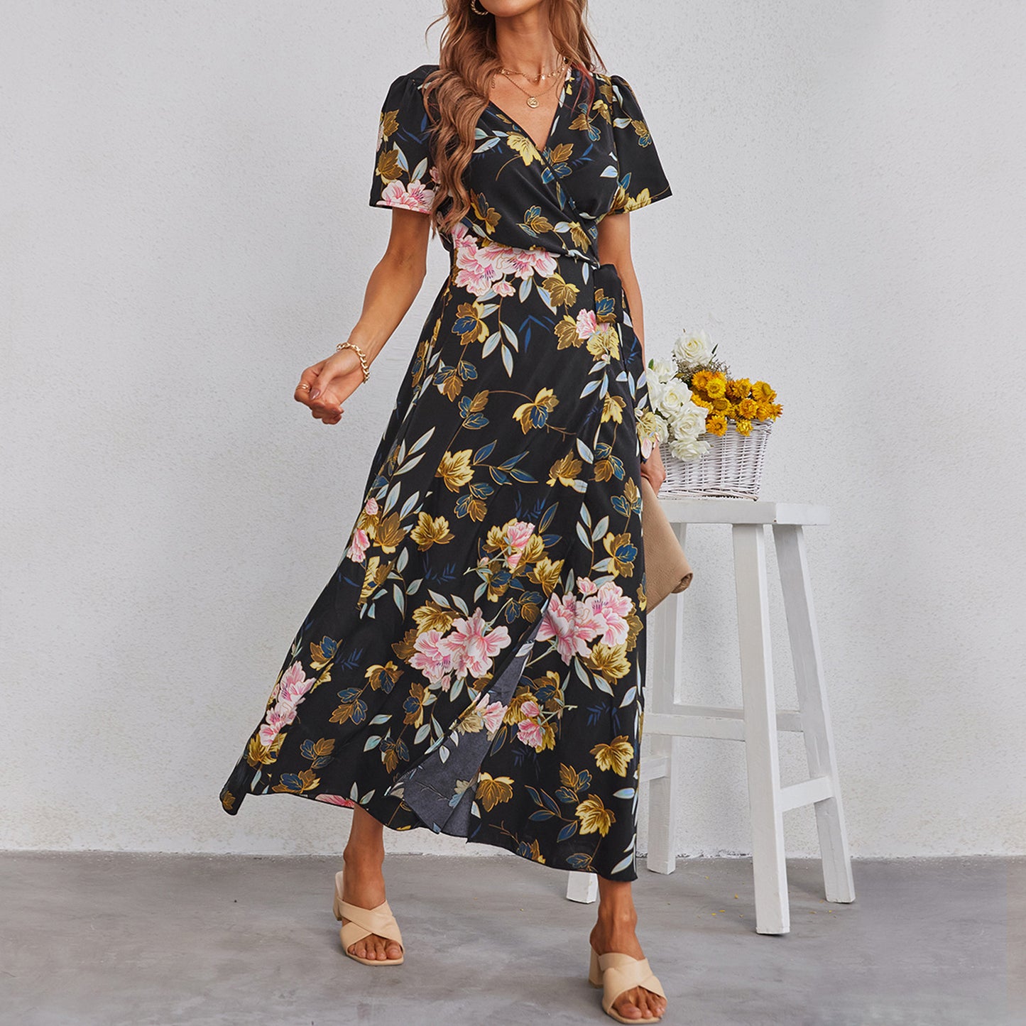 Sexy V Neck Vacation Slit Maxi Dresses Short Sleeve Floral Print Wholesale Dresses