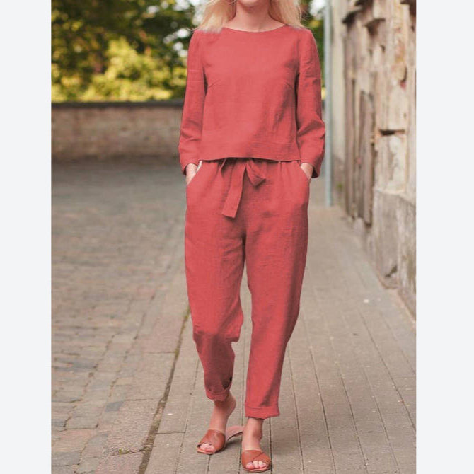 Solid Color Tops & Trousers Cotton Linen Suits Wholesale Women'S 2 Piece Sets
