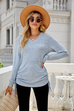 Solid Color Long Sleeve V-Neck Loose T-Shirt Wholesale Womens Tops