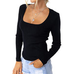 Slim Solid Color Knitted Square Neck T-Shirt Wholesale Women Clothing