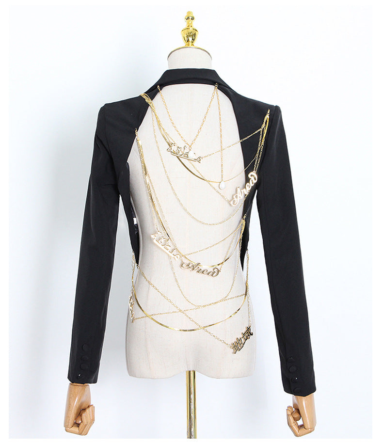 Solid Color Fashion Sexy Backless Irregular Metal Chain Womens Jacket Wholesale Blazers