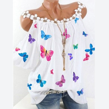 Butterfly Print Strap Lace Collar Wholesale T Shirts Loose Off Shoulder Womens Tops