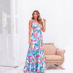 V Neck Printed Sling Backless Lace-Up Waist Smocked Dress Vacation Wholesale Maxi Dresses