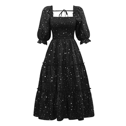 Fashion Square Neck Halter Strap Print Dress Pleated Lantern Mid-Sleeve Wholesale Dresses