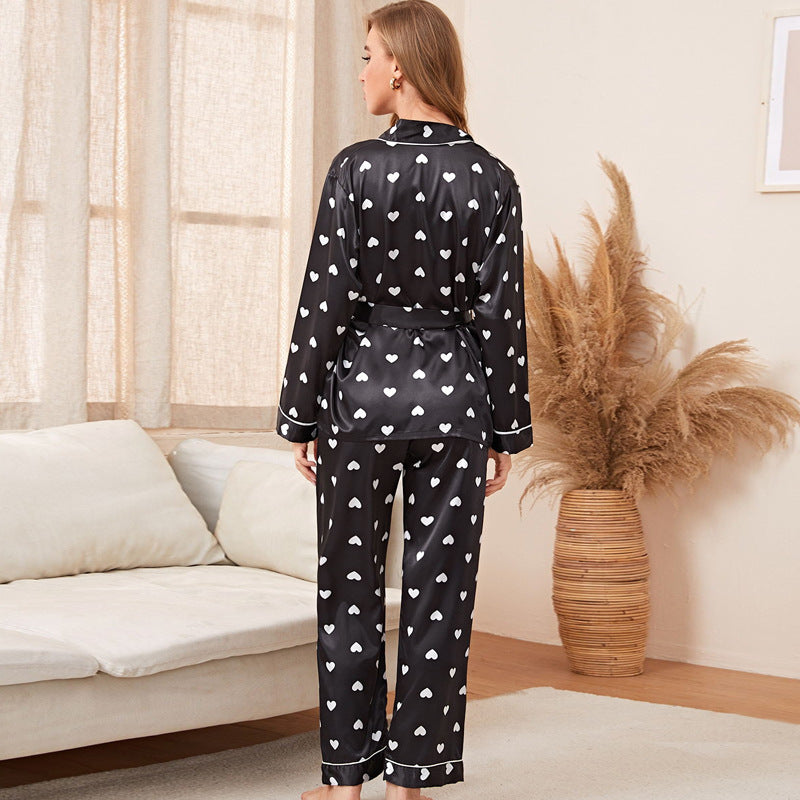 Heart Print Long Sleeve Satin Pajamas Suit Wholesale Loungewear Sets