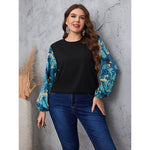 Wholesale Plus Size Women Clothing Commuter Printed Long-Sleeved Stitching Round Neck Pullover Slim Top
